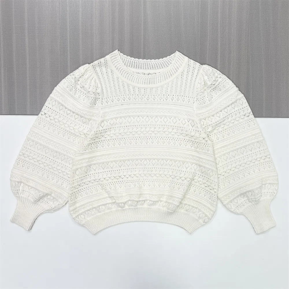 Custom Women's White Hollow-Out Knitted Sweater with Puff Sleeves, Chic & Elegant