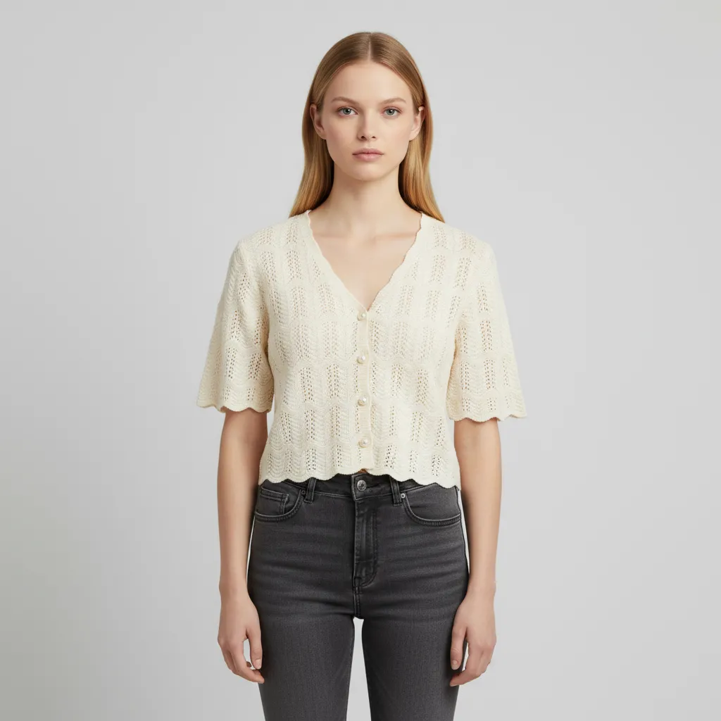 Women's Custom Hollow-Out Knitted Cardigan: Scalloped Edge, V-Neck, Pearl Buttons for Tailored Chic