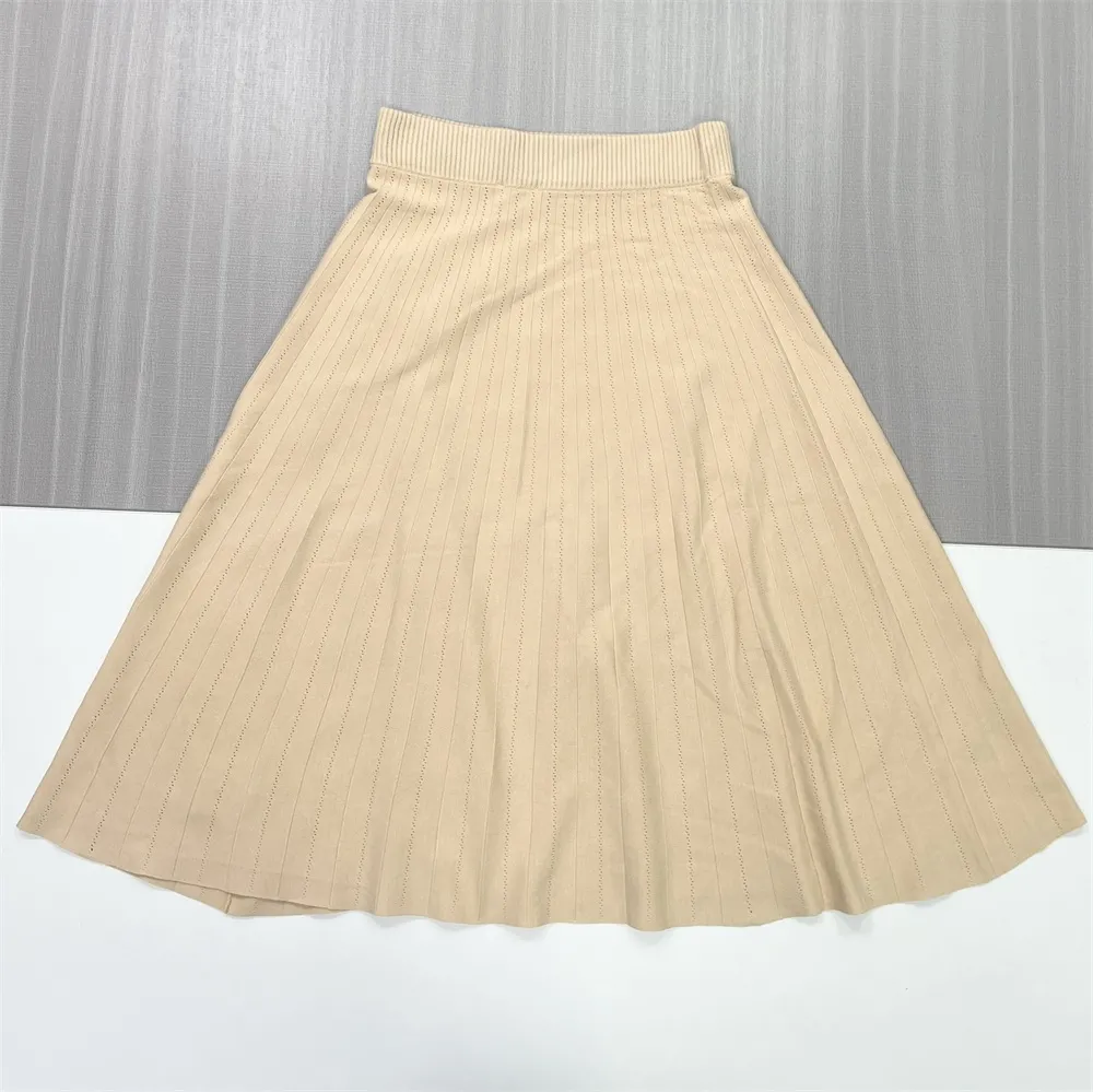 Women's Custom Beige Knitted Co-ord Set: Puff-Sleeve Top & Flared Midi Skirt for Tailored Elegance
