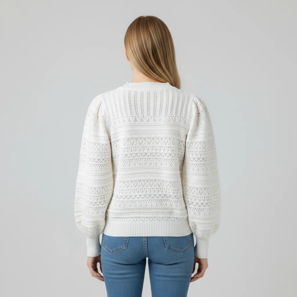 Custom Women's White Hollow-Out Knitted Sweater with Puff Sleeves, Chic & Elegant
