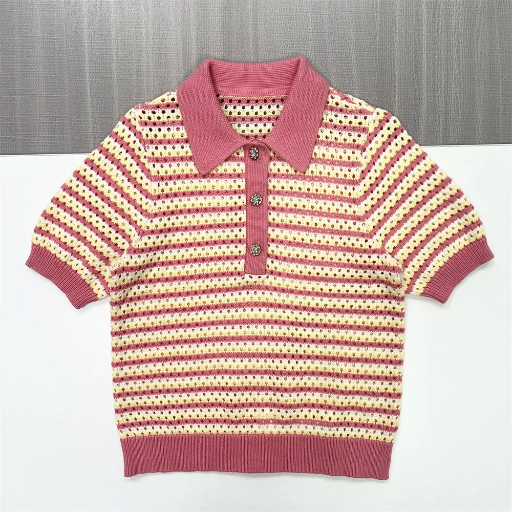 Women's Striped Crochet Knit Polo Shirt - Short Sleeve Collared Top with Decorative Buttons