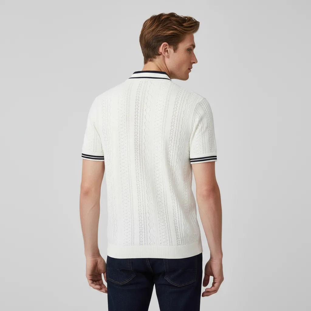 Men's Custom White Knitted Polo Shirt with Striped Details for B2B Tailoring