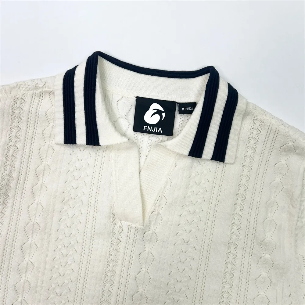 Men's Custom White Knitted Polo Shirt with Striped Details for B2B Tailoring