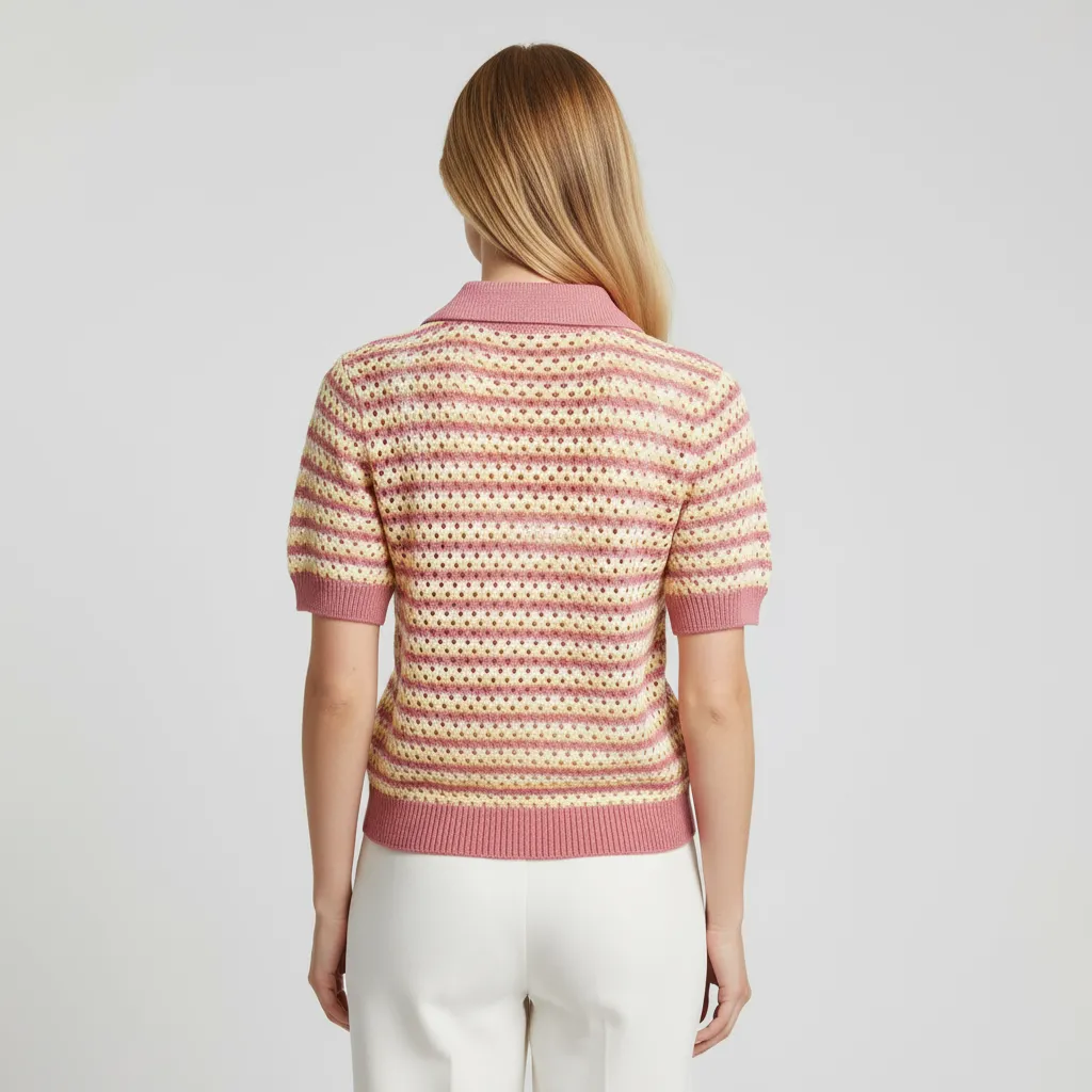 Women's Striped Crochet Knit Polo Shirt - Short Sleeve Collared Top with Decorative Buttons