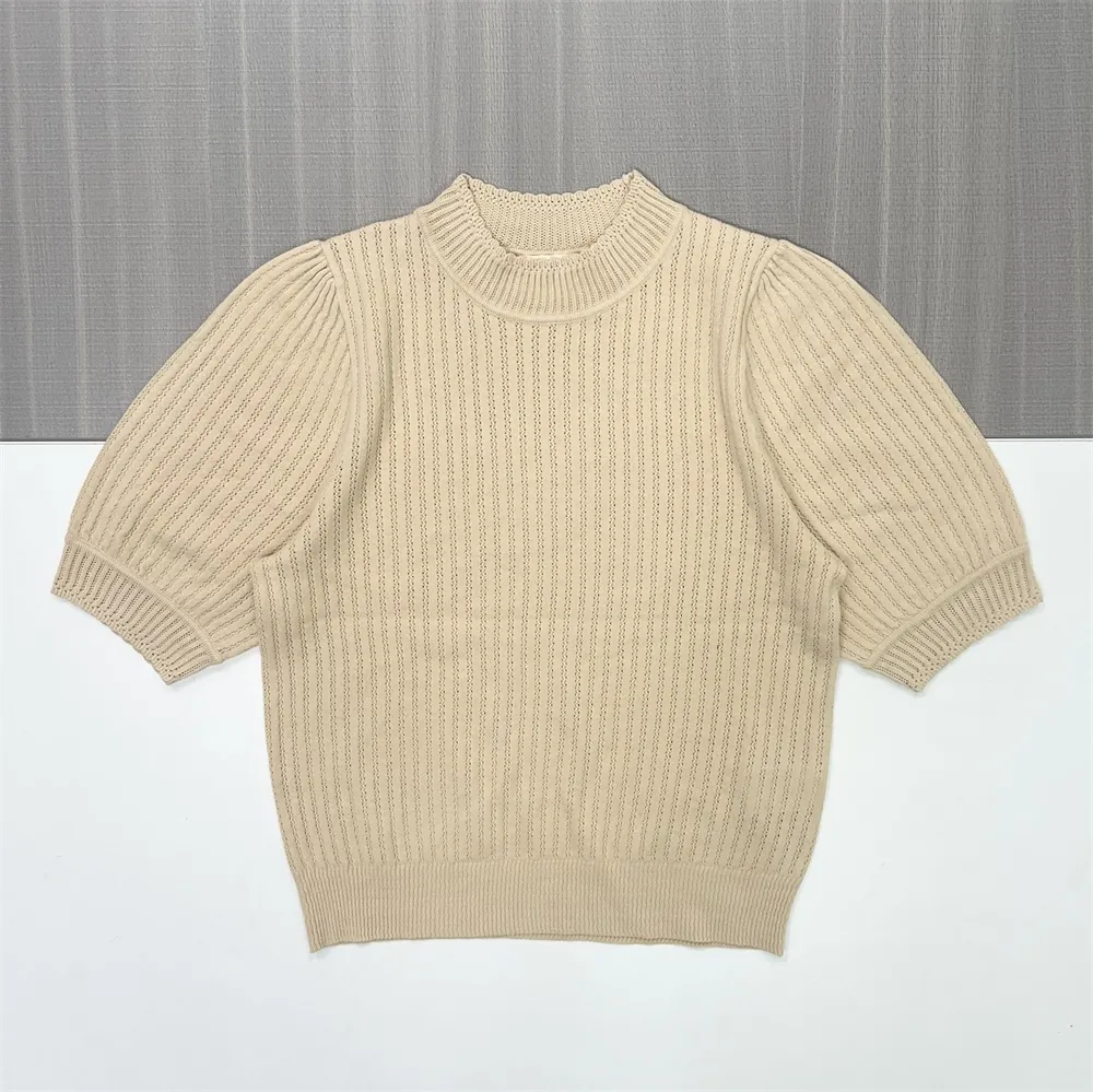 Women's Custom Beige Knitted Co-ord Set: Puff-Sleeve Top & Flared Midi Skirt for Tailored Elegance