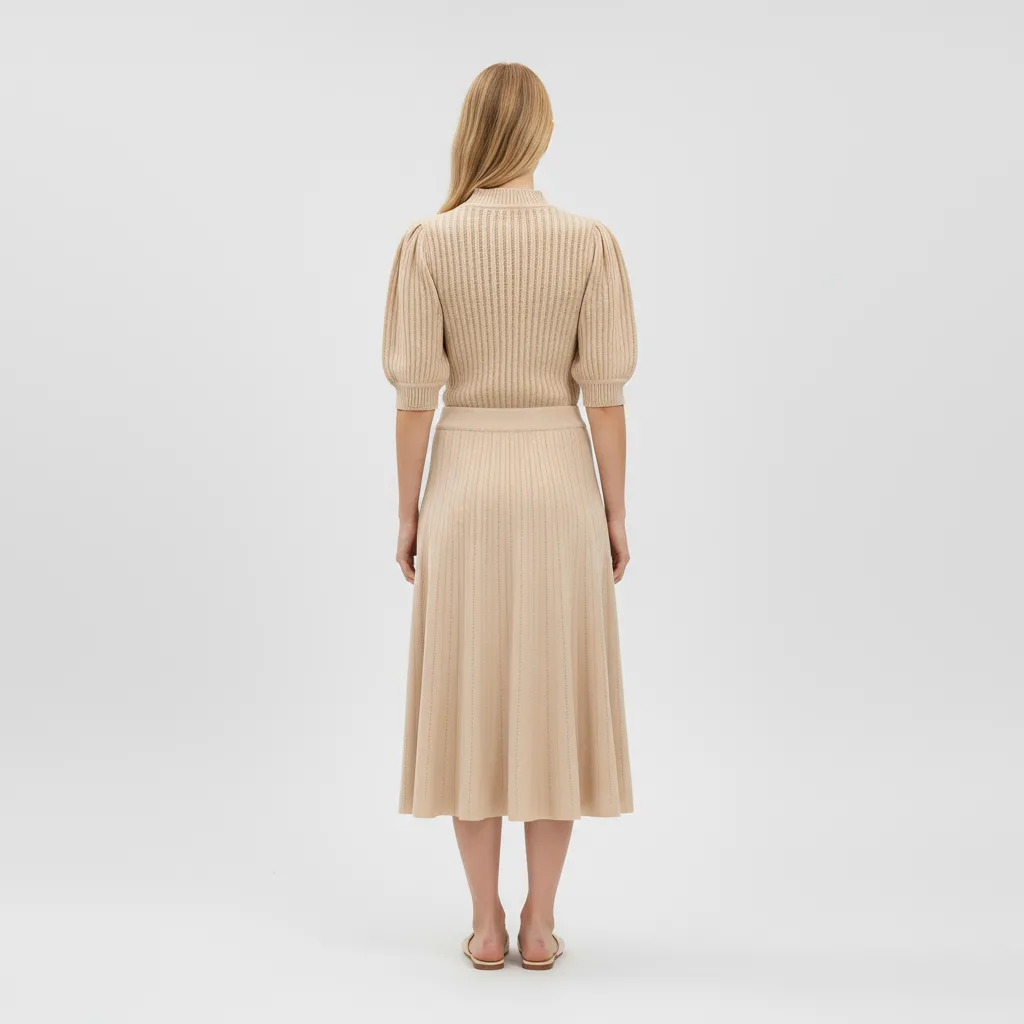 Women's Custom Beige Knitted Co-ord Set: Puff-Sleeve Top & Flared Midi Skirt for Tailored Elegance