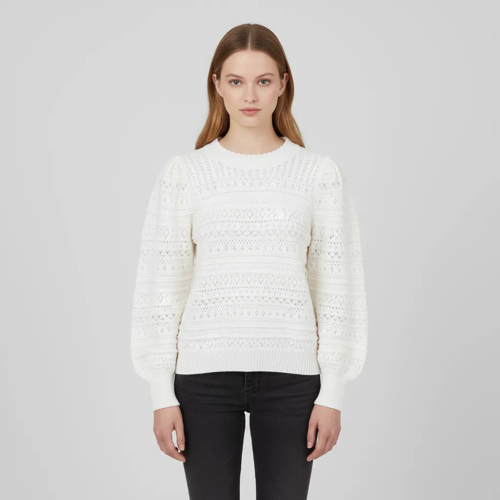 Custom Women's White Hollow-Out Knitted Sweater with Puff Sleeves, Chic & Elegant