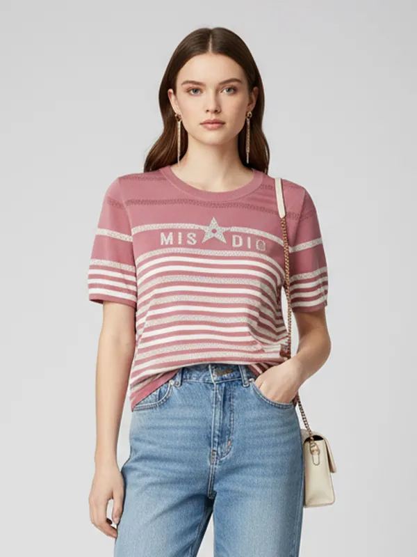 Pink Striped Knit T-Shirt: Custom Star Print, Crew Neck, Short Sleeve