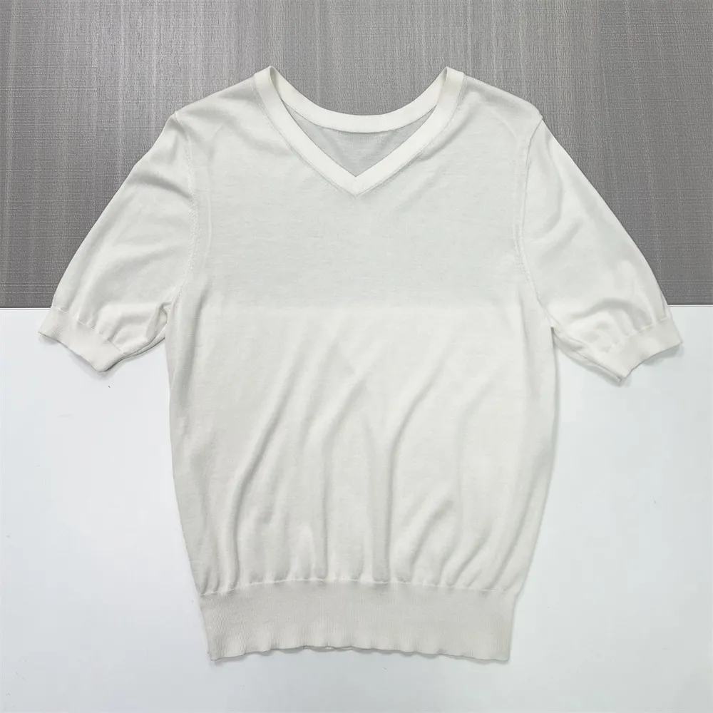 Custom White V-Neck Knit T-Shirt: Puff Sleeve, Slim Fit, Minimalist Design