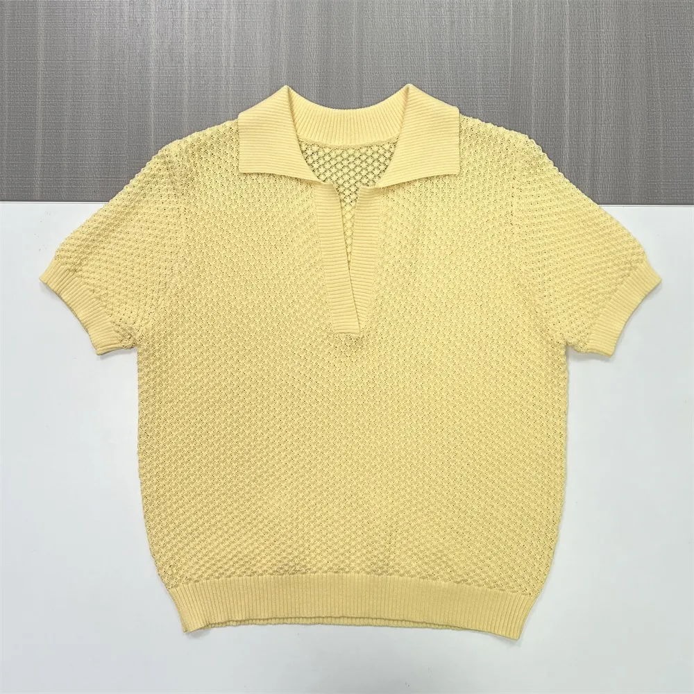 Custom Knit Polo T-Shirt: Textured Collar, V-Neck, Short Sleeve Design