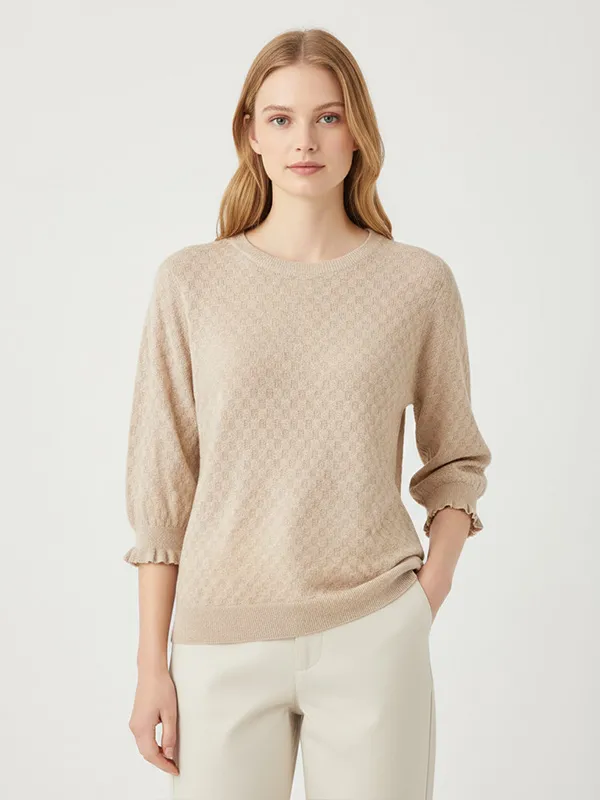 Custom Textured Knit T-Shirt: Ruffled Sleeve, Crew Neck, Checkered Pattern