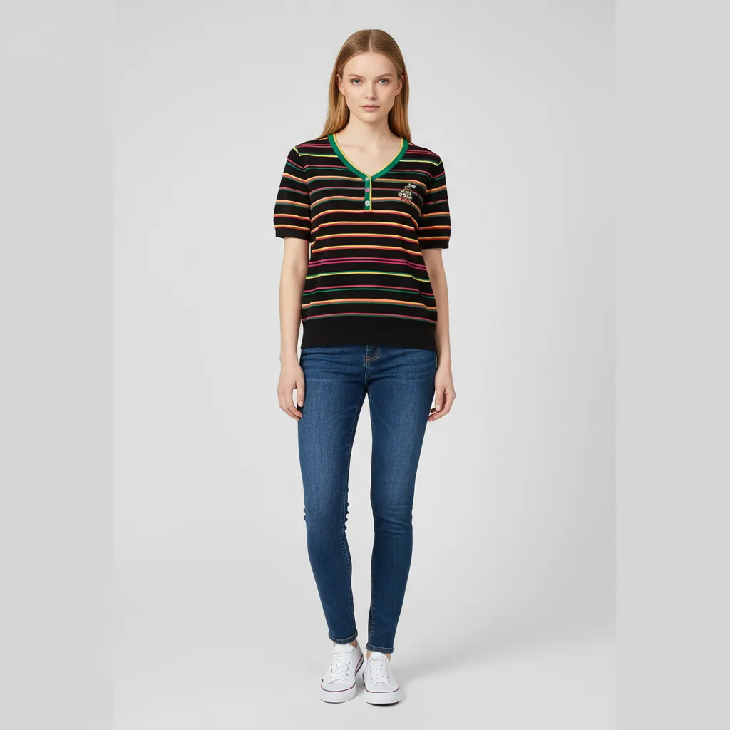 Custom Multicolor Striped Knit T-Shirt: V-Neck, Embroidered Detail, Short Sleeve