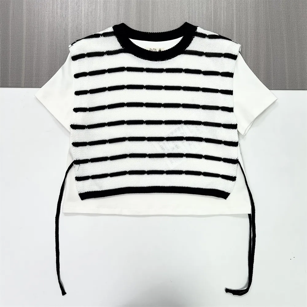 Custom Striped Knit Vest Set: Short Sleeve Tee, Side Drawstring, Layered Design