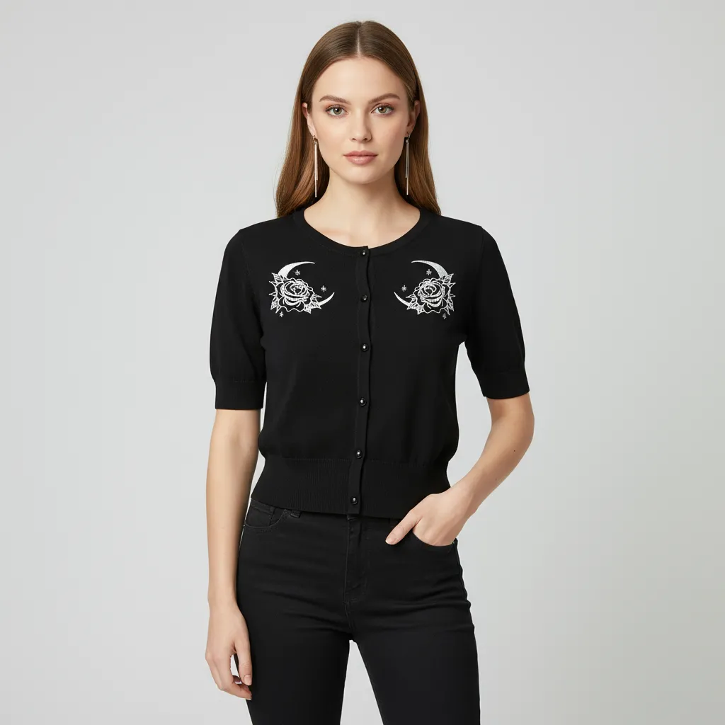 Custom Knit Cardigan: Moon & Rose Embroidery, Short Sleeve, Button-Up Design