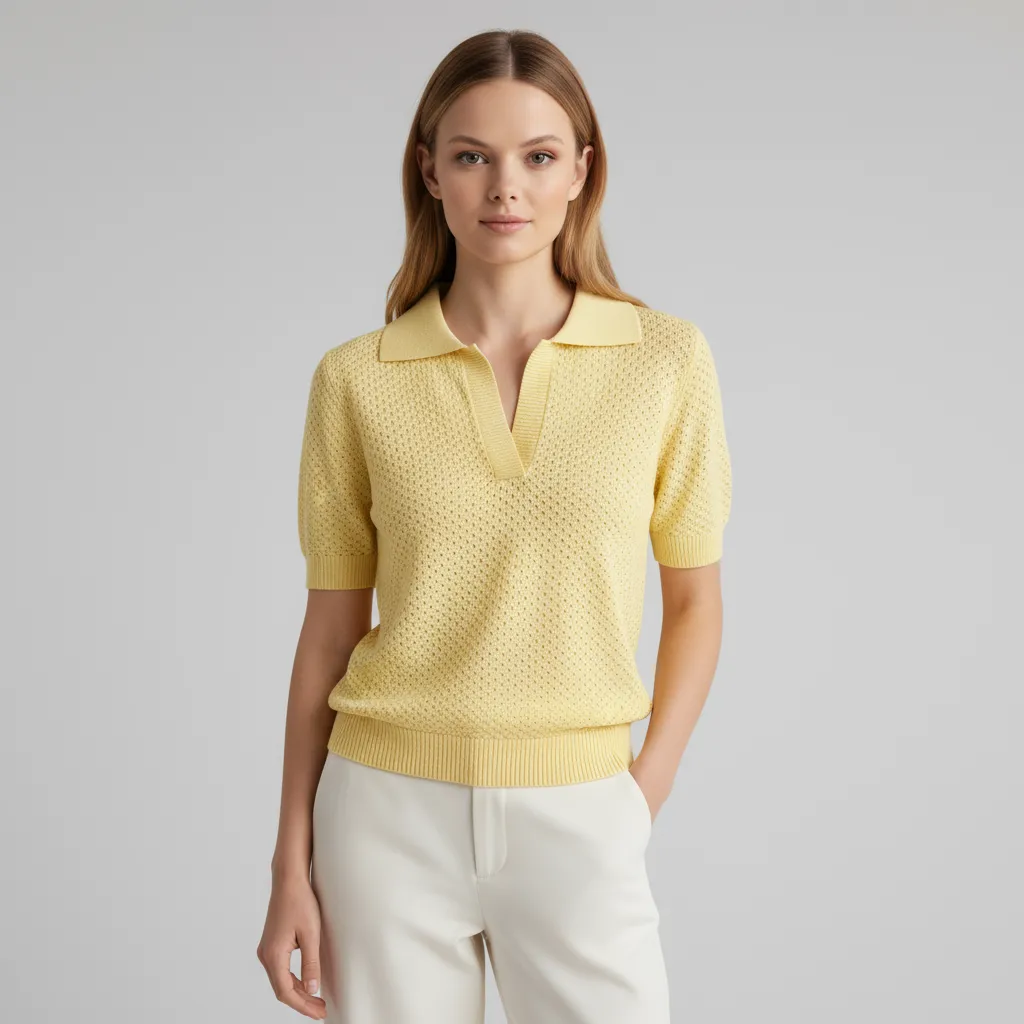 Custom Knit Polo T-Shirt: Textured Collar, V-Neck, Short Sleeve Design