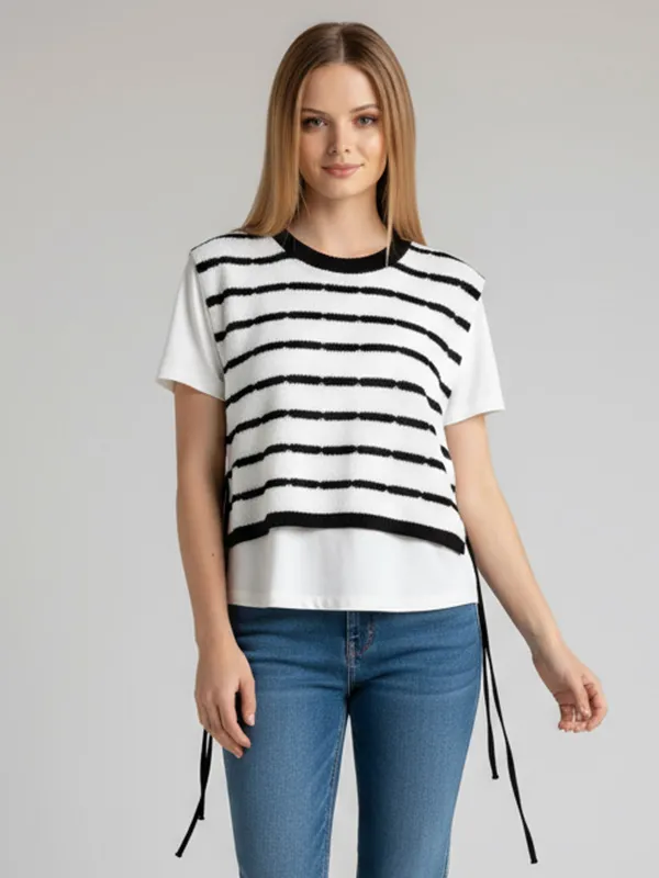 Custom Striped Knit Vest Set: Short Sleeve Tee, Side Drawstring, Layered Design
