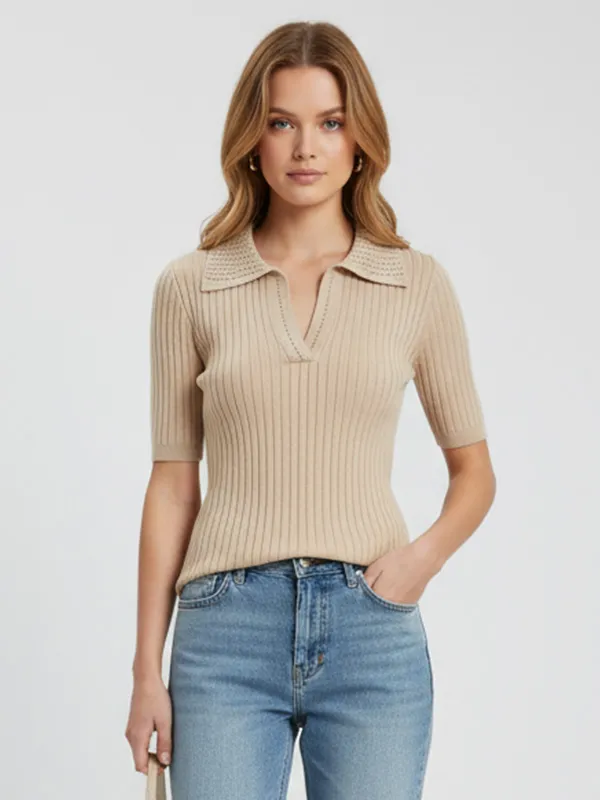 Custom Knit Polo T-Shirt: Textured Collar, V-Neck, Ribbed Slim Fit
