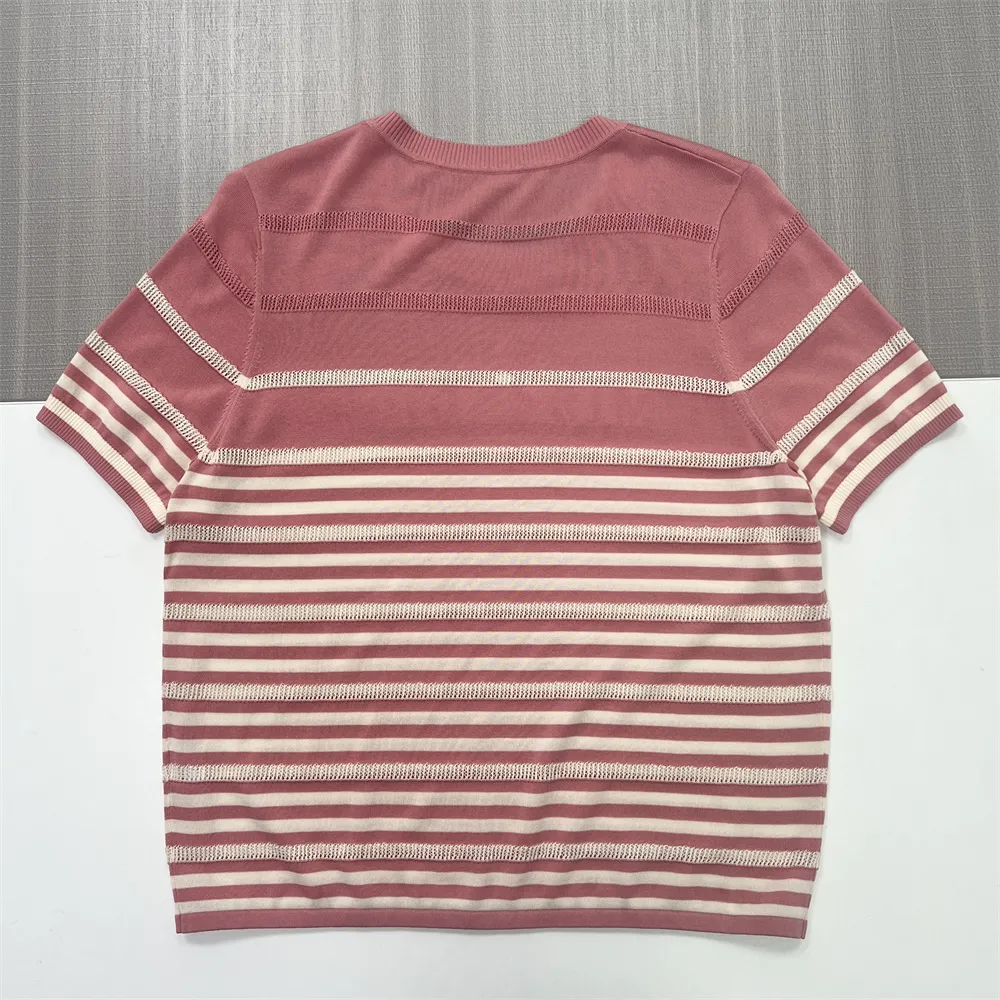 Pink Striped Knit T-Shirt: Custom Star Print, Crew Neck, Short Sleeve