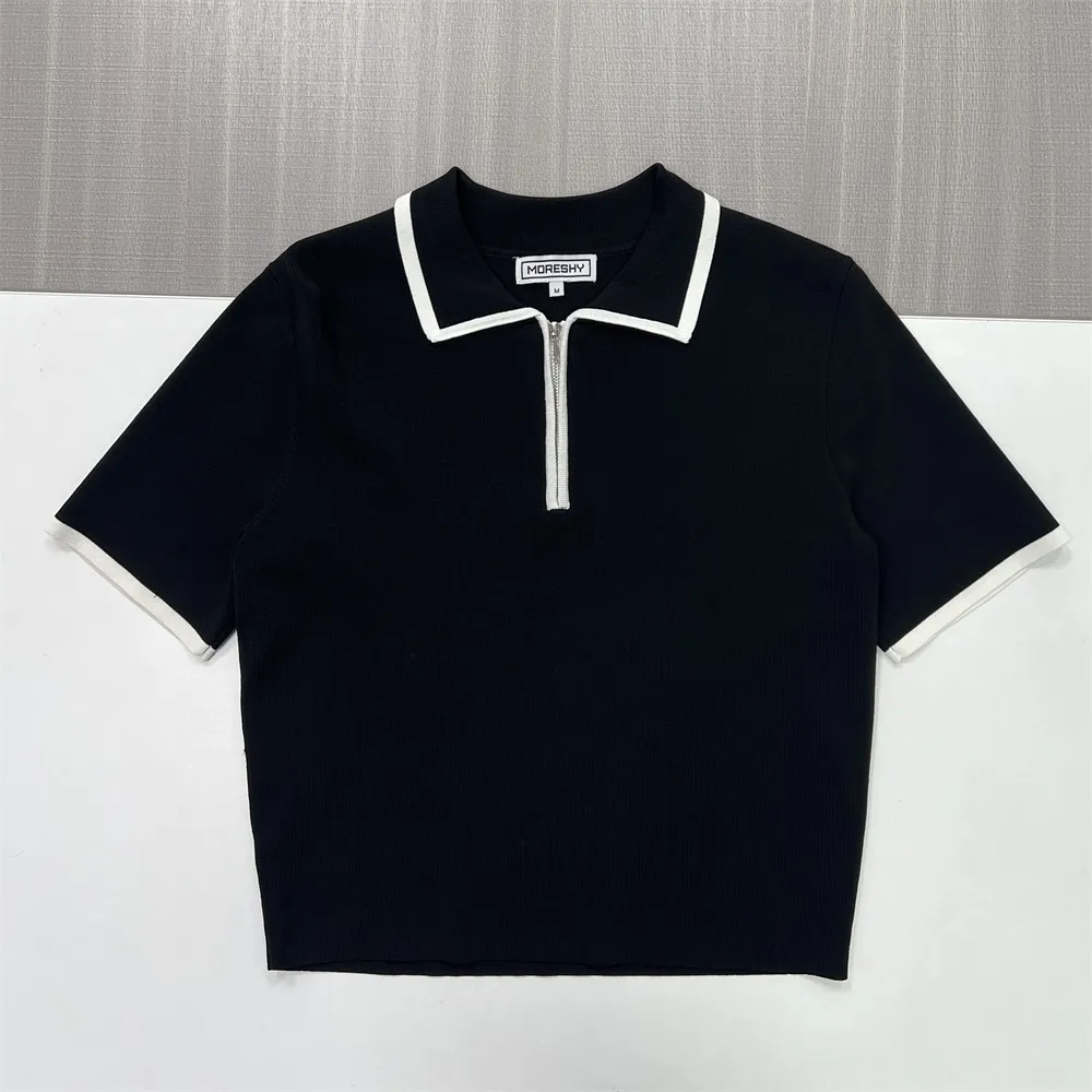 Custom Polo Knit T-Shirt: White Trim, Zip-Up Collar, Short Sleeve Design
