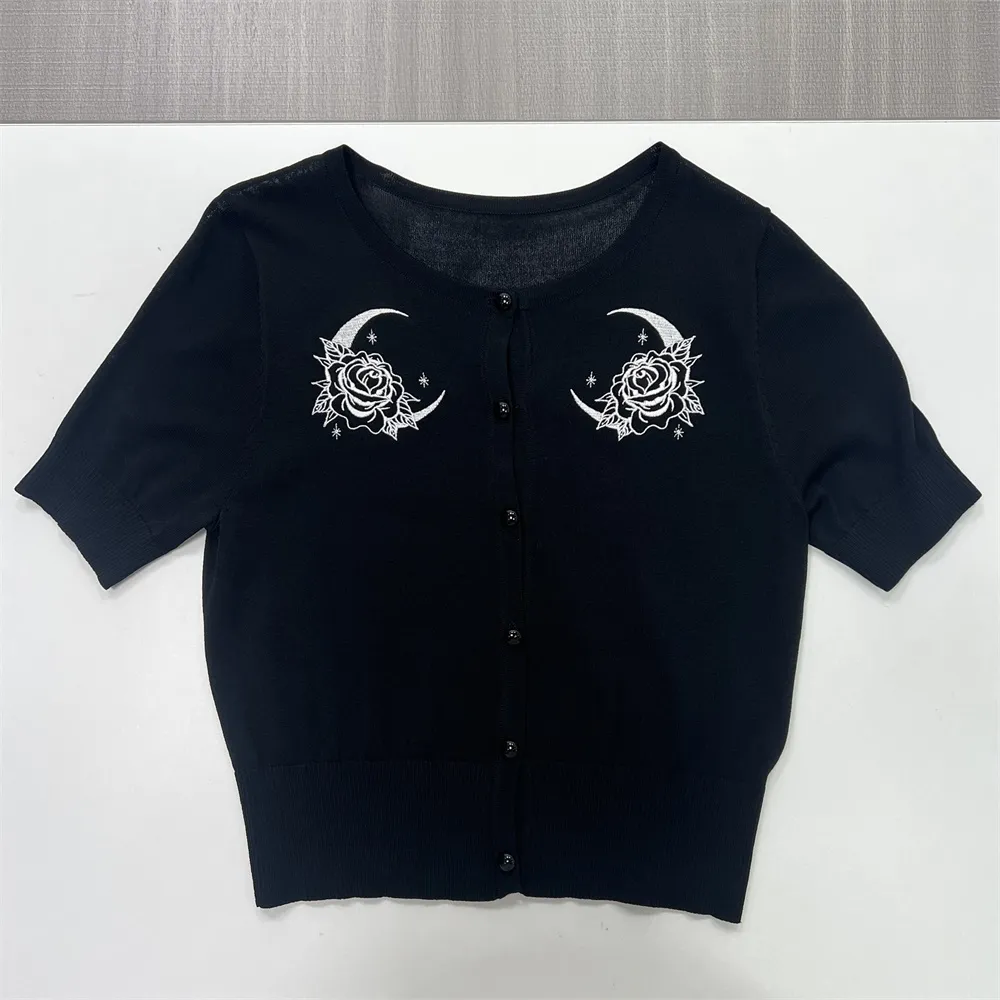Custom Knit Cardigan: Moon & Rose Embroidery, Short Sleeve, Button-Up Design