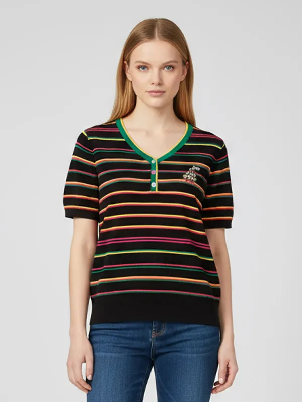 Custom Multicolor Striped Knit T-Shirt: V-Neck, Embroidered Detail, Short Sleeve