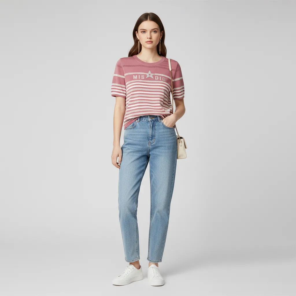Pink Striped Knit T-Shirt: Custom Star Print, Crew Neck, Short Sleeve