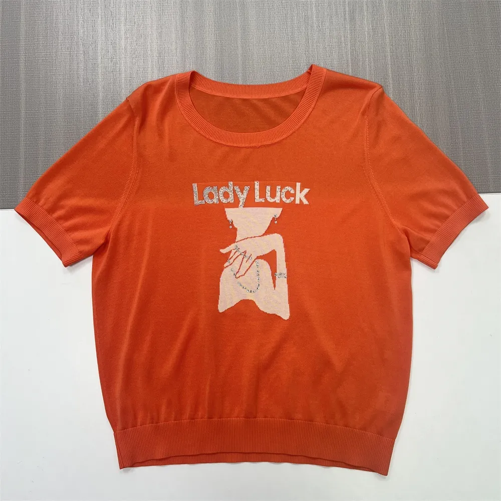 Custom Embellished Knit T-Shirt: Orange, Short Sleeve, Artistic Jacquard Design