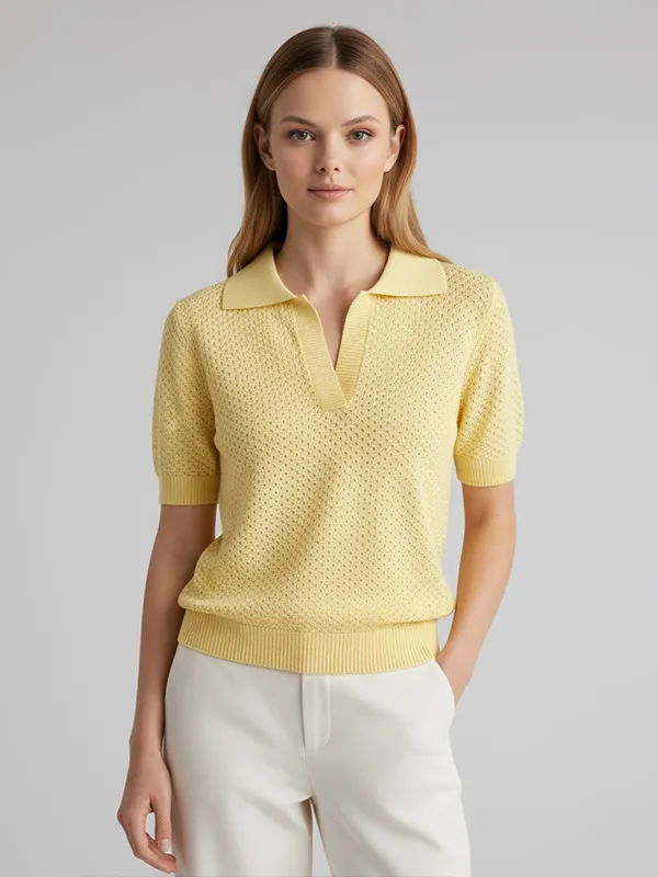 Custom Knit Polo T-Shirt: Textured Collar, V-Neck, Short Sleeve Design