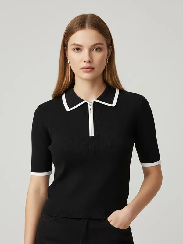 Custom Polo Knit T-Shirt: White Trim, Zip-Up Collar, Short Sleeve Design