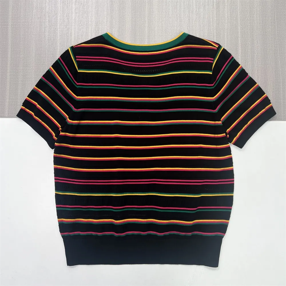 Custom Multicolor Striped Knit T-Shirt: V-Neck, Embroidered Detail, Short Sleeve