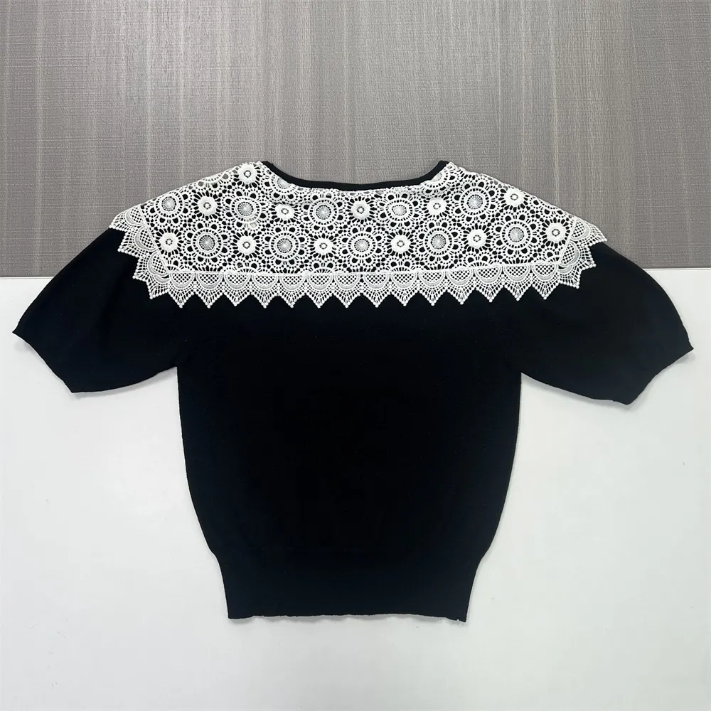 Custom Knit T-Shirt with White Lace Collar: Puff Sleeve, Artistic Crochet Design