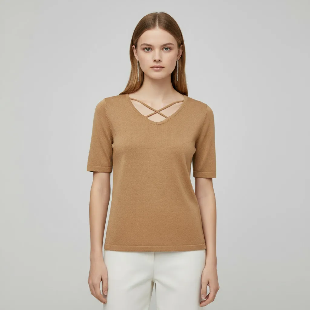 Custom Knit T-Shirt: Crisscross V-Neck, Short Sleeve, Elegant Design