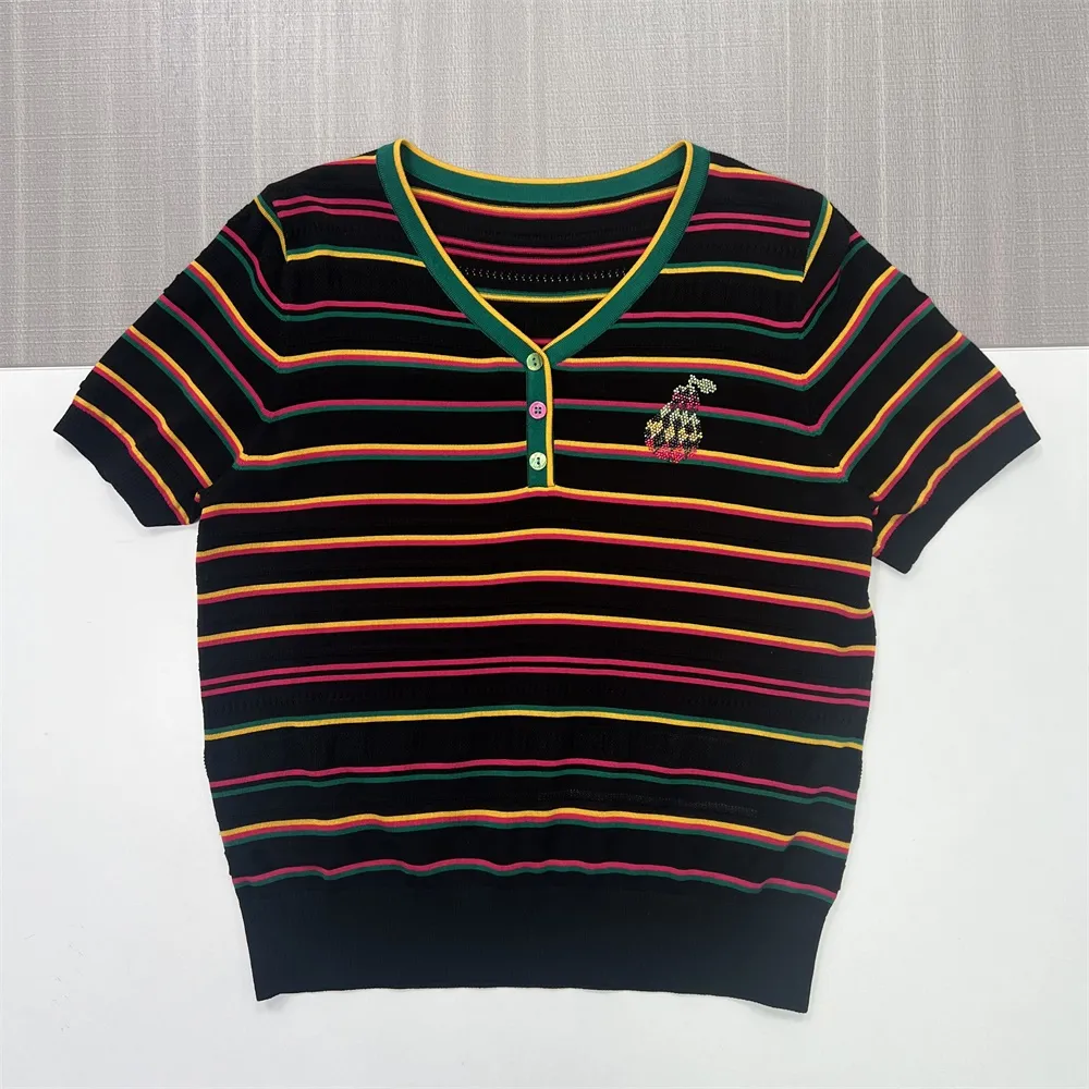 Custom Multicolor Striped Knit T-Shirt: V-Neck, Embroidered Detail, Short Sleeve