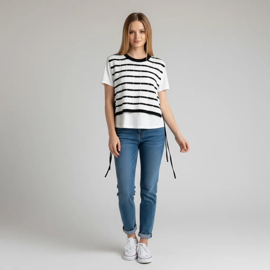 Custom Striped Knit Vest Set: Short Sleeve Tee, Side Drawstring, Layered Design