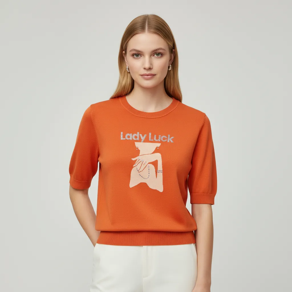 Custom Embellished Knit T-Shirt: Orange, Short Sleeve, Artistic Jacquard Design