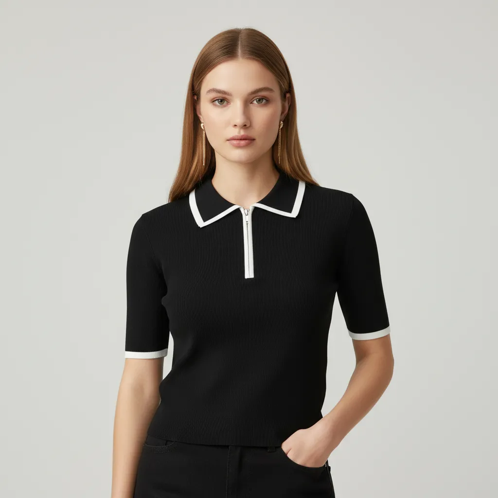 Custom Polo Knit T-Shirt: White Trim, Zip-Up Collar, Short Sleeve Design