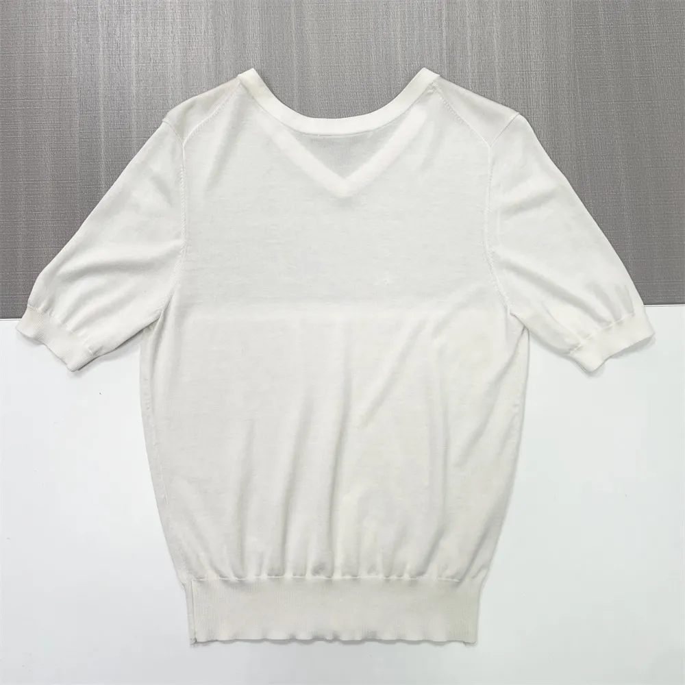 Custom White V-Neck Knit T-Shirt: Puff Sleeve, Slim Fit, Minimalist Design
