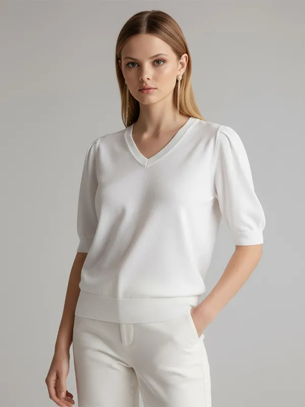 Custom White V-Neck Knit T-Shirt: Puff Sleeve, Slim Fit, Minimalist Design