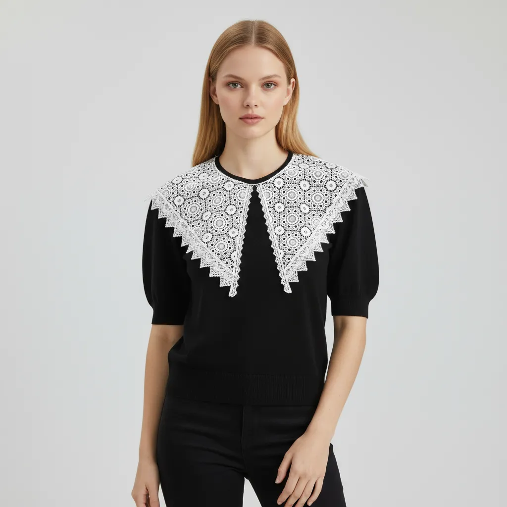 Custom Knit T-Shirt with White Lace Collar: Puff Sleeve, Artistic Crochet Design