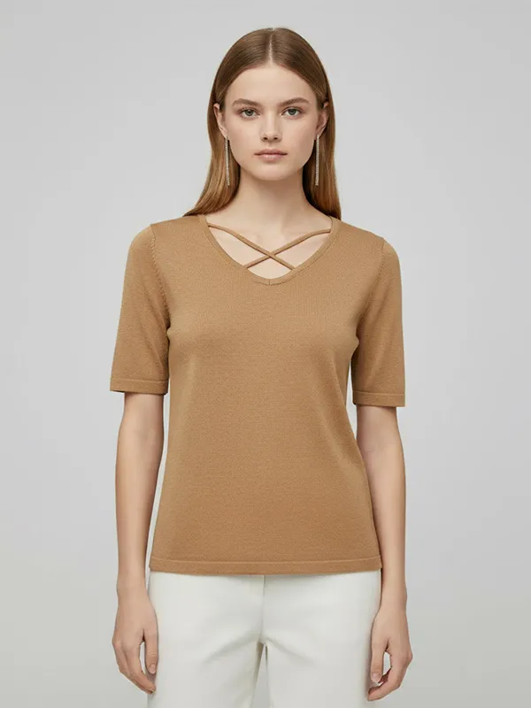 Custom Knit T-Shirt: Crisscross V-Neck, Short Sleeve, Elegant Design