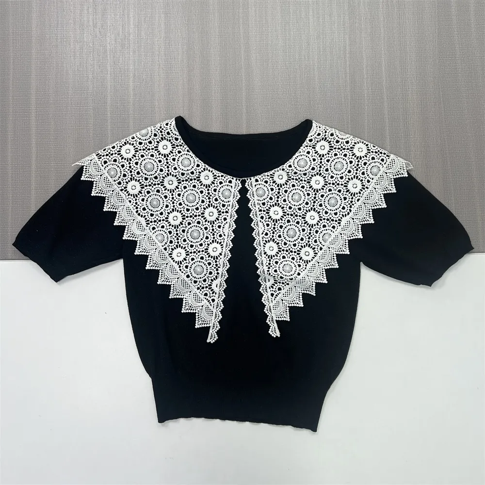 Custom Knit T-Shirt with White Lace Collar: Puff Sleeve, Artistic Crochet Design
