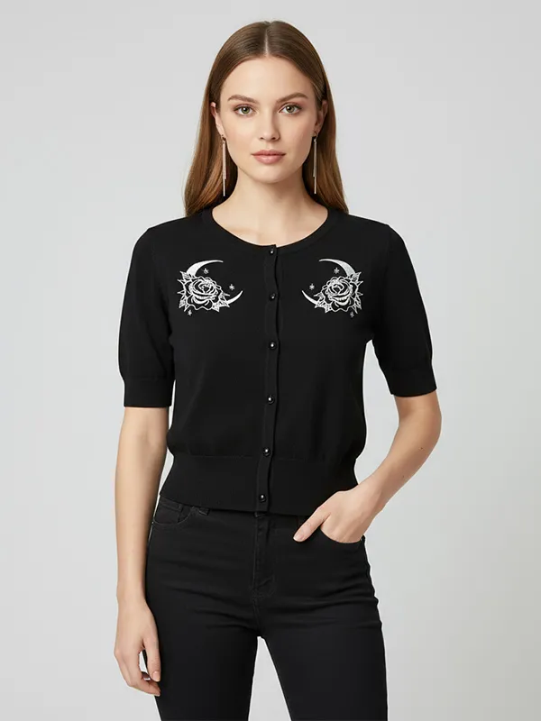 Custom Knit Cardigan: Moon & Rose Embroidery, Short Sleeve, Button-Up Design