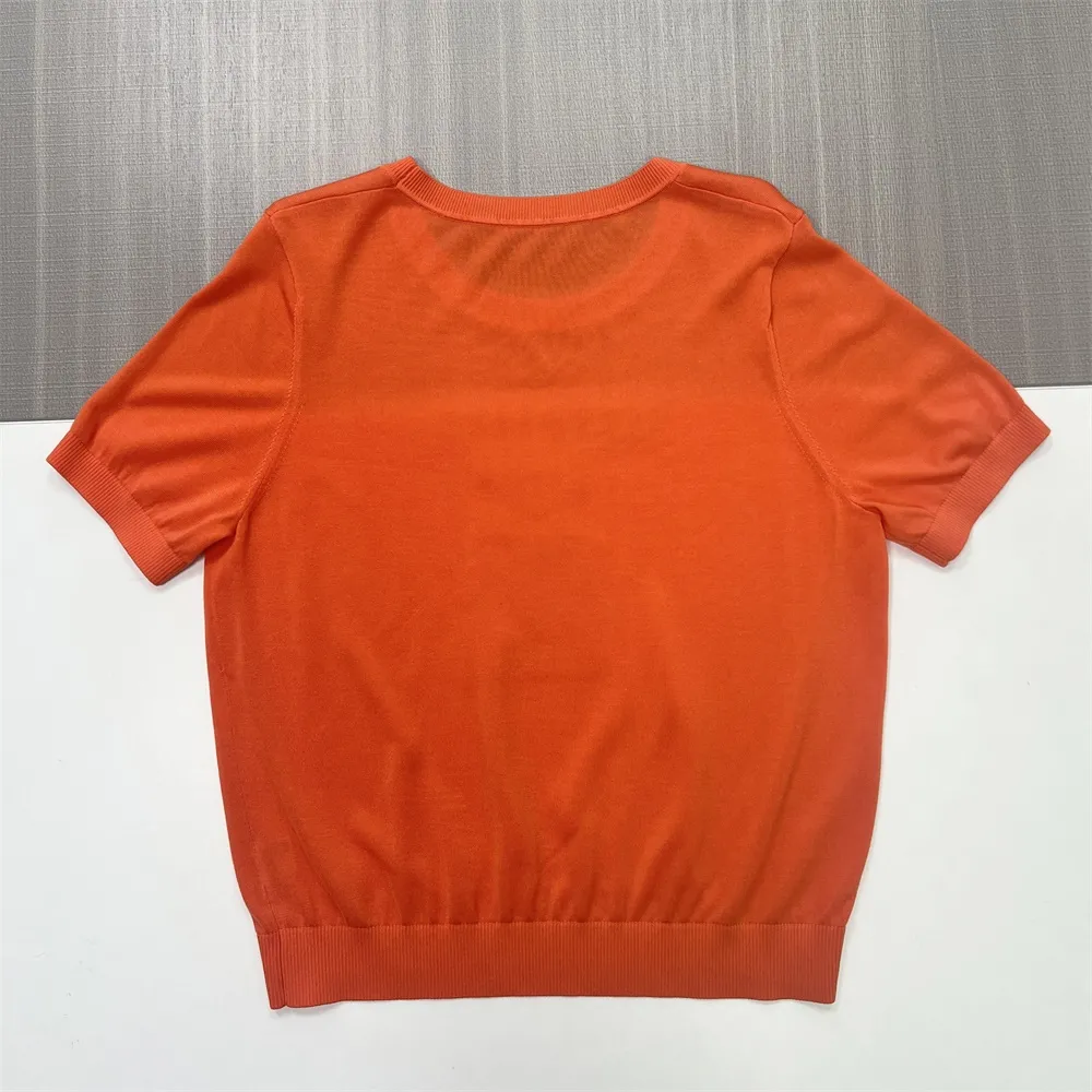 Custom Embellished Knit T-Shirt: Orange, Short Sleeve, Artistic Jacquard Design