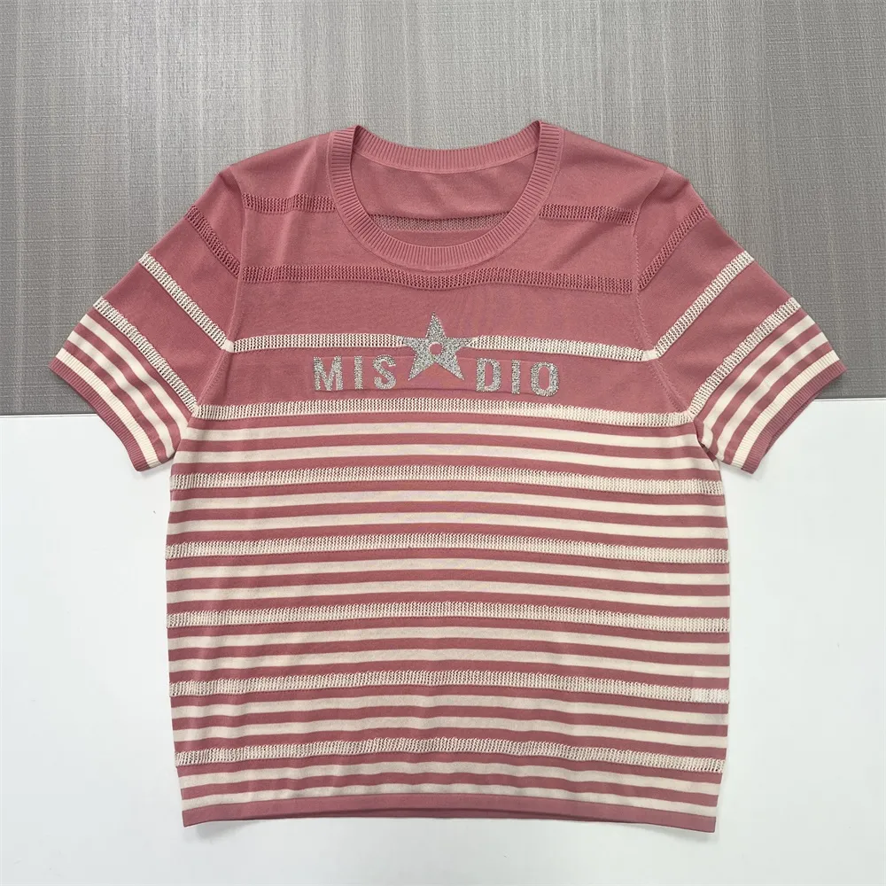 Pink Striped Knit T-Shirt: Custom Star Print, Crew Neck, Short Sleeve