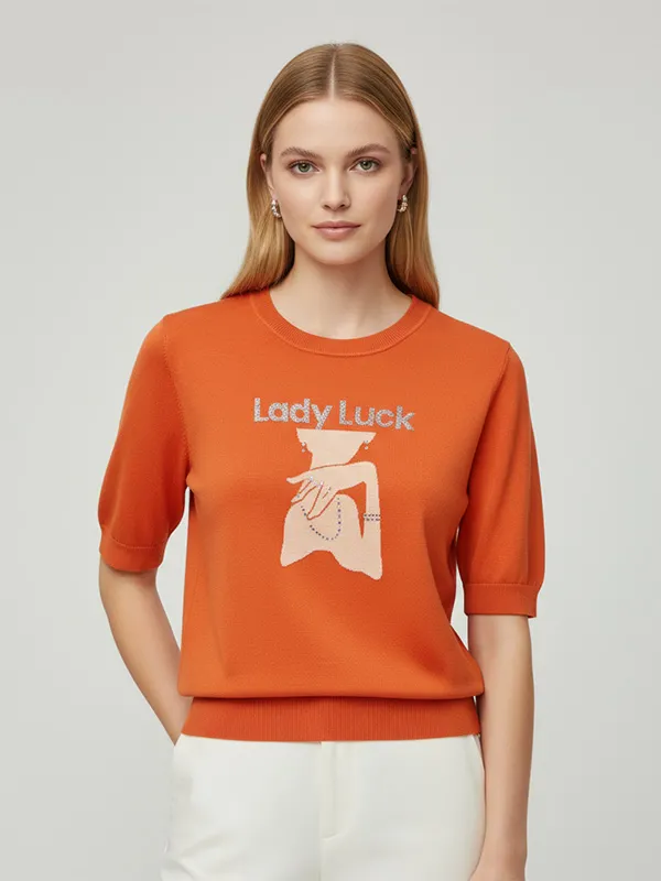 Custom Embellished Knit T-Shirt: Orange, Short Sleeve, Artistic Jacquard Design