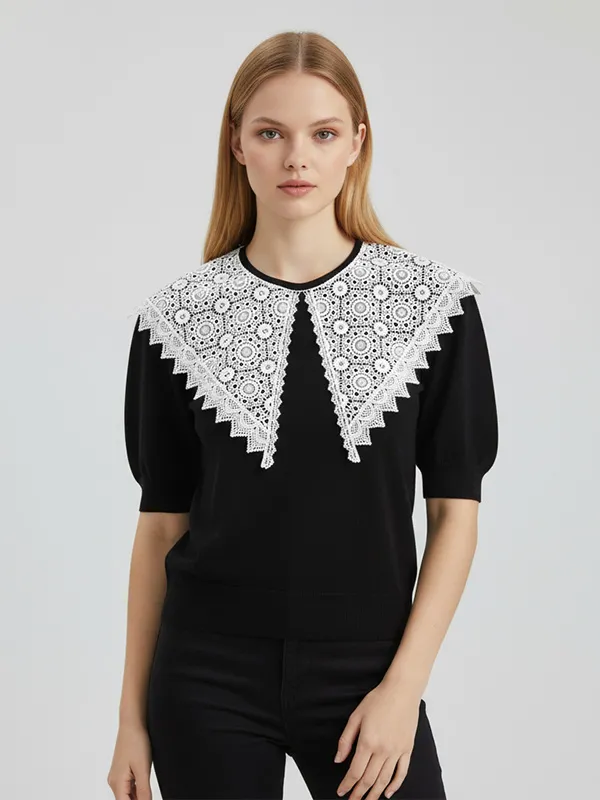 Custom Knit T-Shirt with White Lace Collar: Puff Sleeve, Artistic Crochet Design