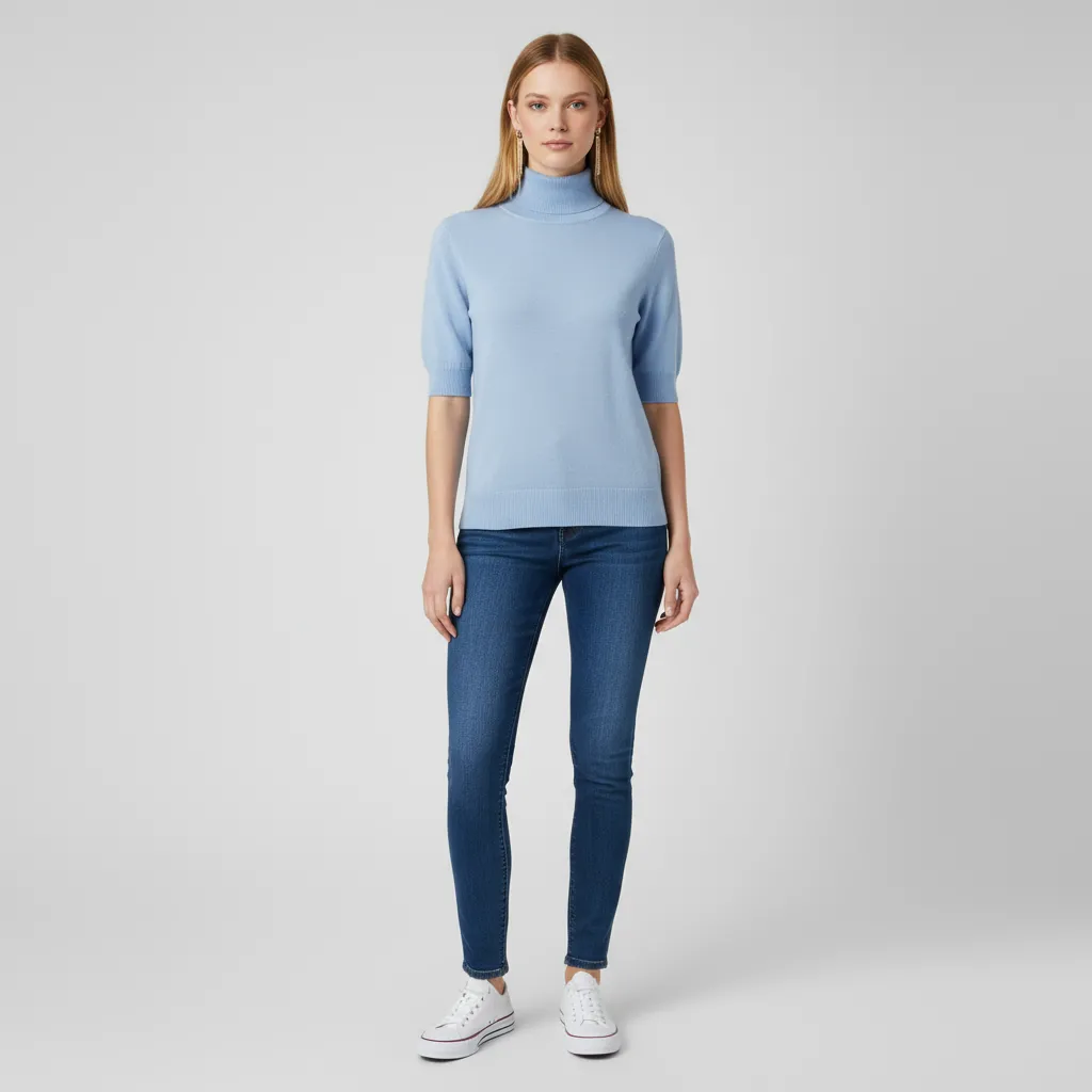 Custom Turtleneck Knit Sweater: Short Sleeve, Elegant Puff Detail Design