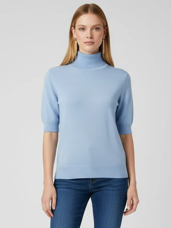 Custom Turtleneck Knit Sweater: Short Sleeve, Elegant Puff Detail Design