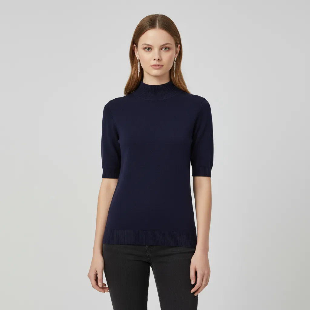 Mock Neck Knit T-Shirt: Short Sleeve, Slim Fit, Elegant Design