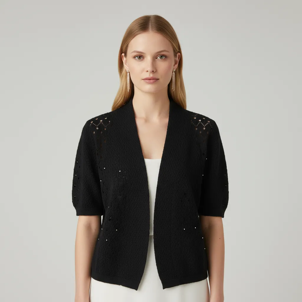 Customizable Eyelet Knit Cardigan: Open Front, Short Sleeve, Elegant Design